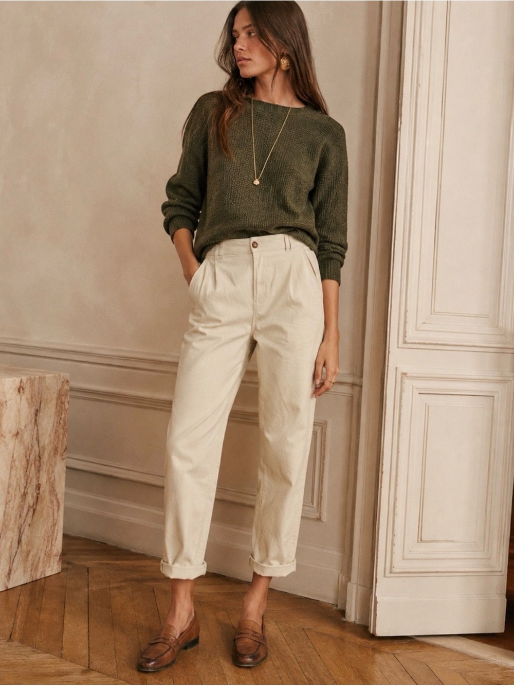 Sezane Pleated Jeans US 4 Cream Denim Neutral Crop Mid Straight Minimalist Chic